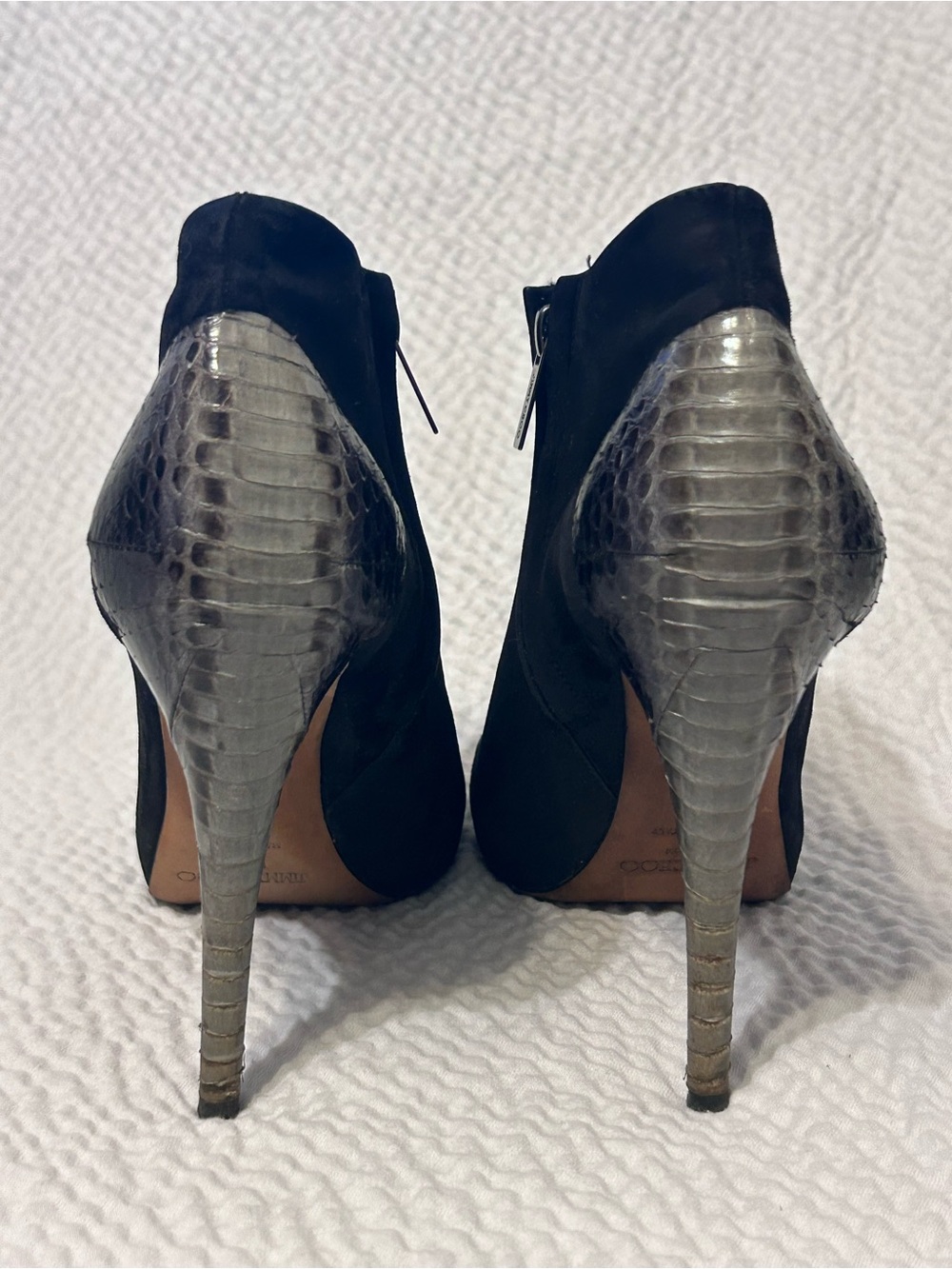 Jimmy Choo Women's Black Suede Peep-Toe Ankle Booties with Snake Skin Heel